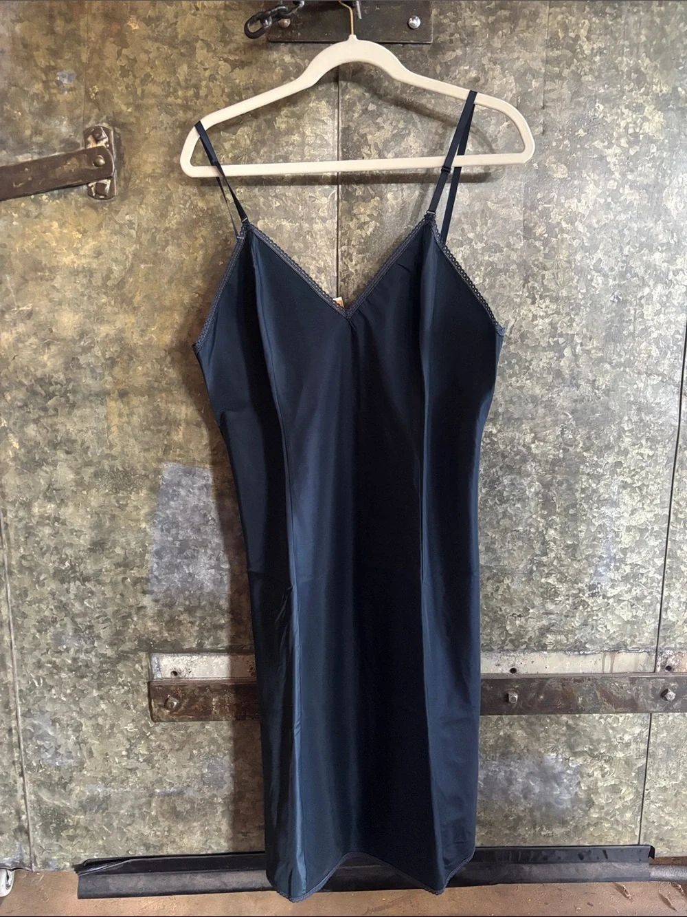 🎀Vintage🎀 Navy Satin Slip Dress with Lace Trim Size Med/Large